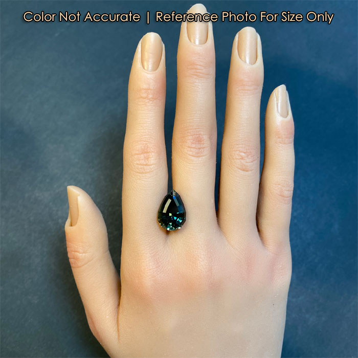 blue green pear sunstone gemstone on hand size