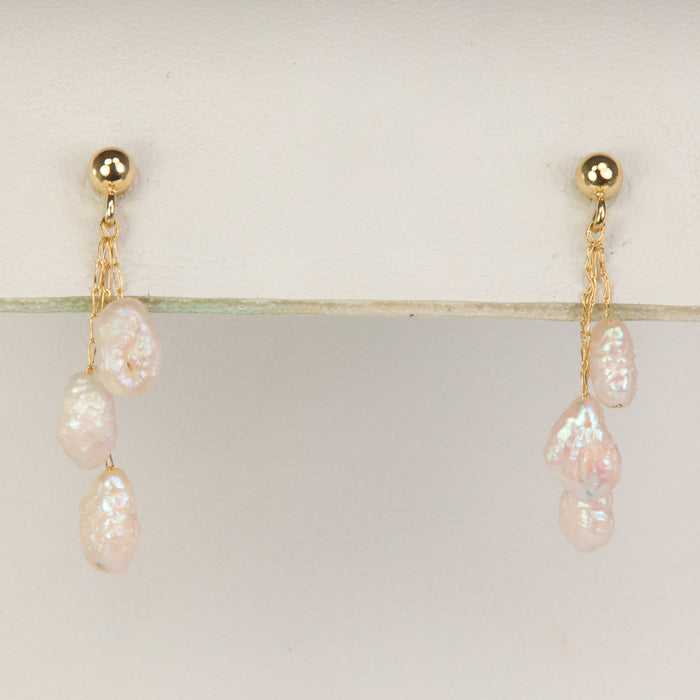 yellow gold ball stud freshwater pearl dangle earrings