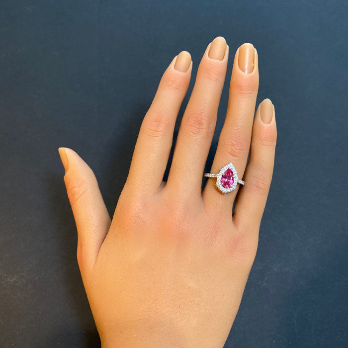 pear shape pink spinel and diamond ring white gold