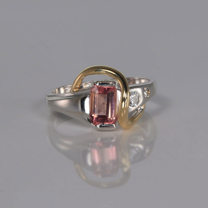 white and yellow gold ring pink tourmaline diamonds