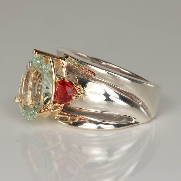 prasiolite garnet gemstone ring in sterling silver with yellow gold