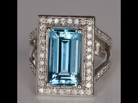 14K White Gold Emerald Cut Aquamarine and Diamond Ring 4.71 Carats