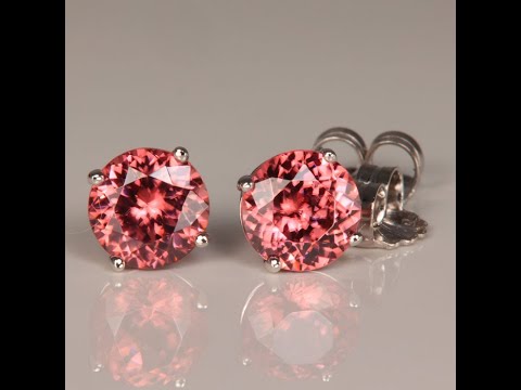 White gold stud earrings pink orange 14k white gold