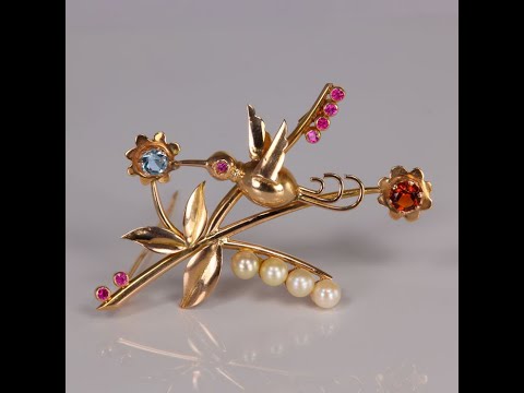 18K Yellow Gold Multi Gemstone Hummingbird Pin/Brooch
