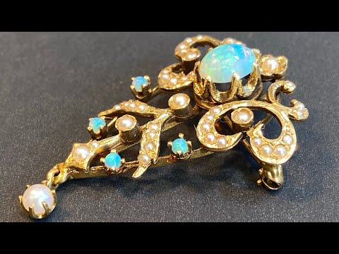 14K Yellow Gold Australian Opal and Pearl Pin/Pendant/Brooch