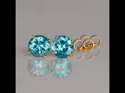 14K Yellow Gold Round Brilliant Blue Zircon Stud Earrings 2.76 Carats