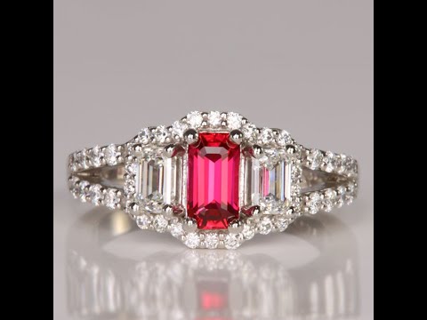 Platinum Emerald Cut Ruby and Diamond Ring .76 Carats