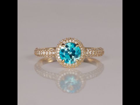 14K Yellow Gold Round Brilliant Blue Zircon and Diamond Ring 1.29 Carats