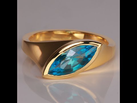 18K Yellow Gold Marquise Brilliant Blue Zircon Ring By Christopher Michael 1.91 Carats