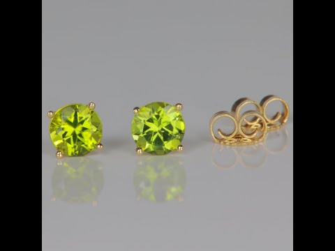 14K Yellow Gold Round Brilliant Peridot Stud Earrings 1.07 Carats