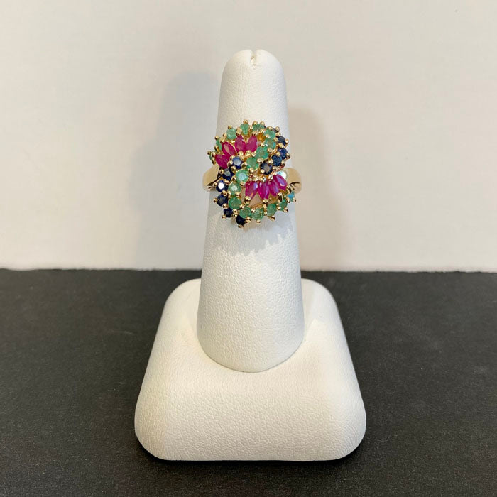 ruby sapphire and emerald ring in yellow gold