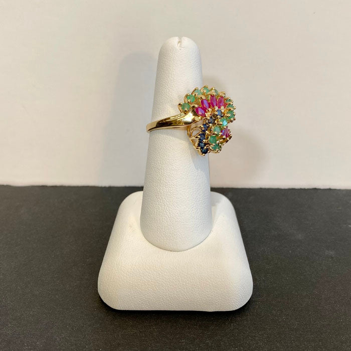 ruby sapphire and emerald ring in yellow gold