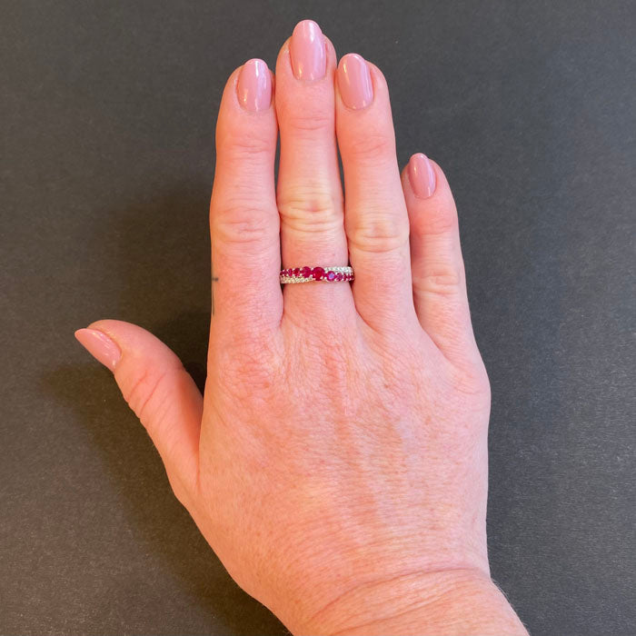 ruby diamond crossover band ring white gold