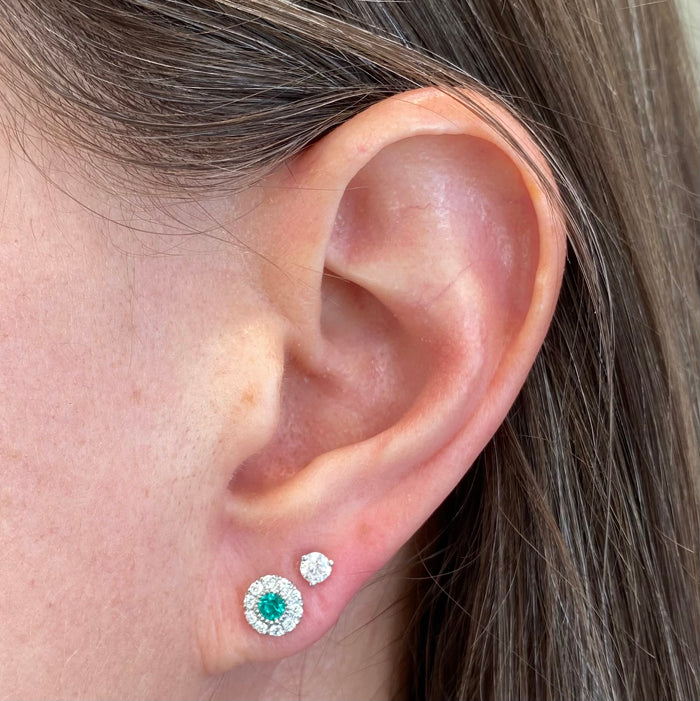 emerald gemstone diamond halo earrings
