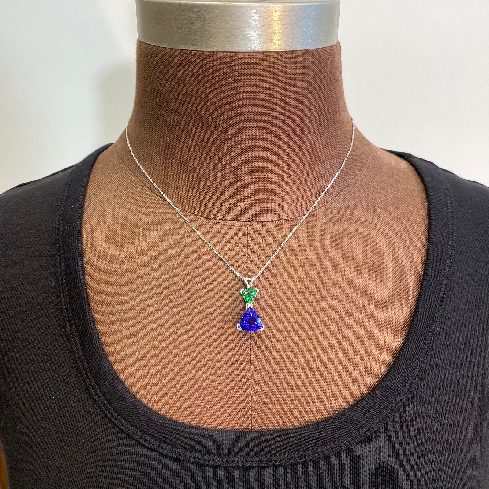 trilliant cut tanzanite and tourmaline pendant white gold