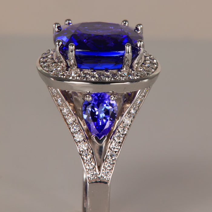 square cushion tanzanite ring with diamonds in white gold