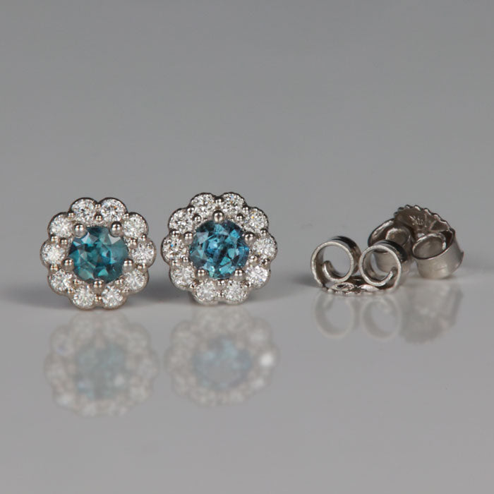 white gold and diamond halo alexandrite stud earrings