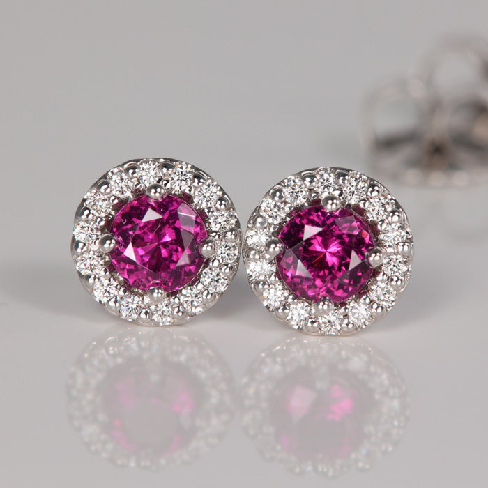 Purple Garnet with Diamond Halo Stud Earrings