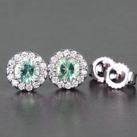 14K White Gold Mint Grossular Garnet Diamond Halo Stud Earrings .58cts