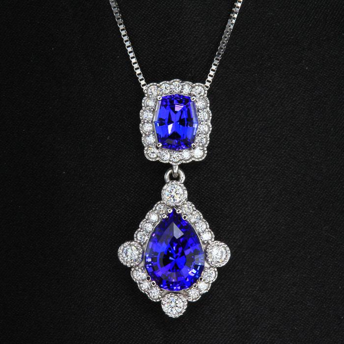 14K WHITE GOLD DOUBLE TANZANITE AND DIAMOND PENDANT 6.82 CARATS