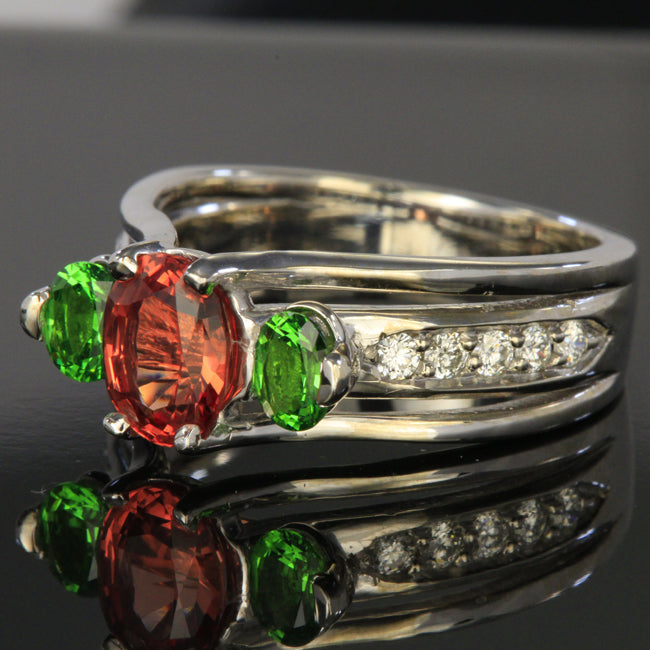 14K White Gold Oval Malaia Garnet and Tsavorite Garnet Ring