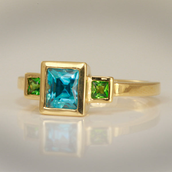 18K Yellow Gold Emerald Cut Blue Zircon and Tsavorite Garnet Ring