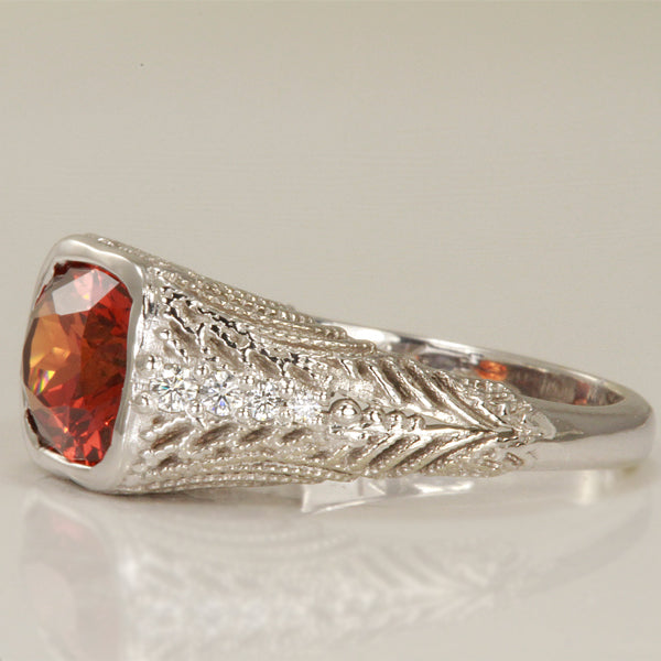 14K Whie Gold Antique Cushion Spessartite Garnet Ring