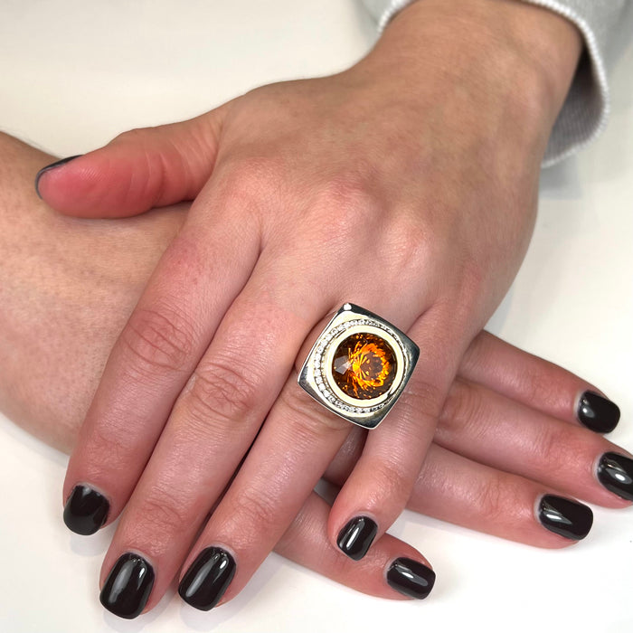 REDUCED! 18K Yellow Gold and Sterling Bold Citrine Ring With Ideal Cut Diamonds