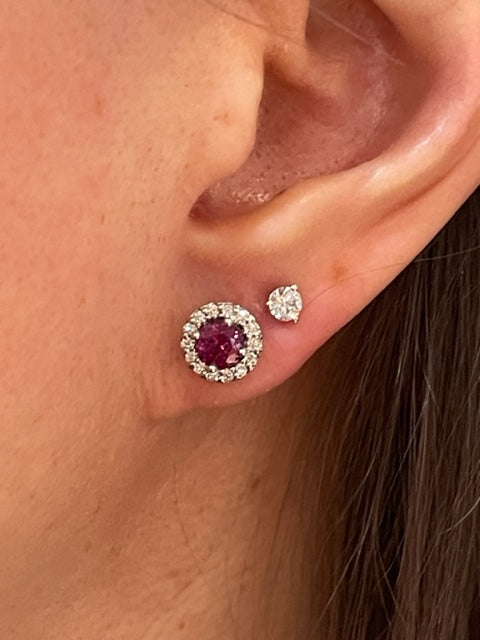 14k White Gold Purple Garnet with Diamond Halo Stud Earrings 1.03cts