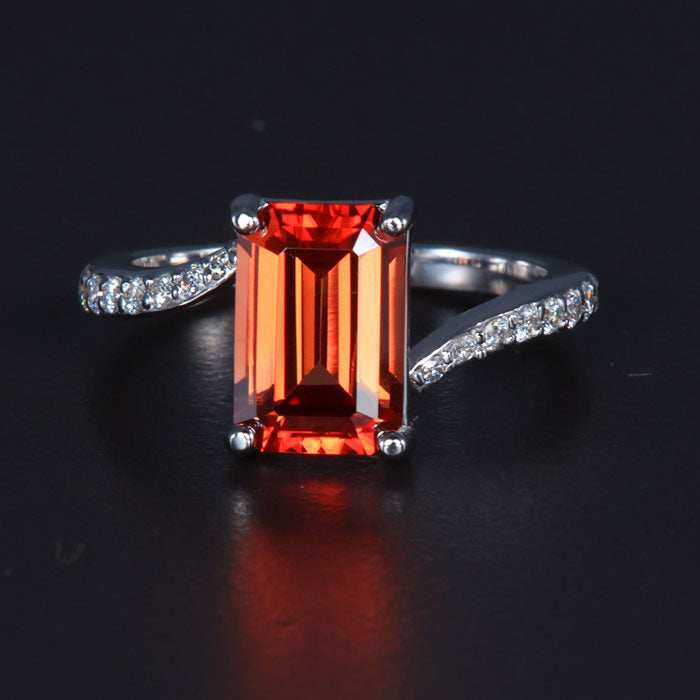 White Gold Emerald Cut Zircon and Diamond Bypass Ring