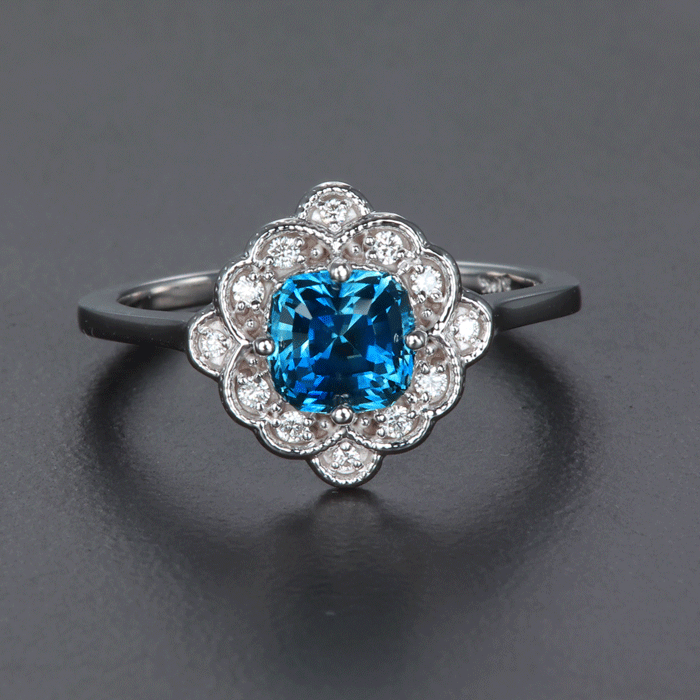 White Gold Blue Step Cushion Montana Sapphire and Diamond Ring