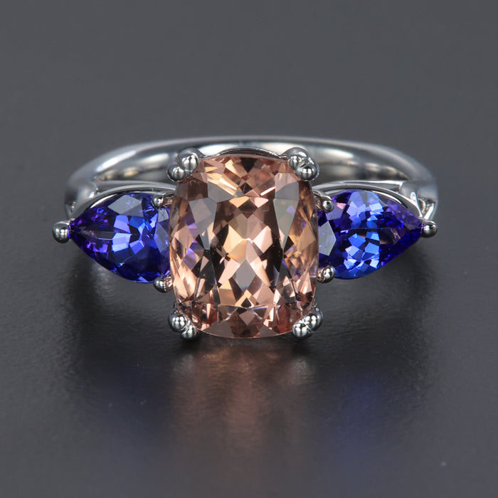 14K White Gold Morganite and Tanzanite Ring 2.91 Carats