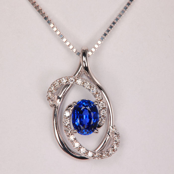 14K White Gold Oval Sapphire and Diamond Swirl Pendant .99cts