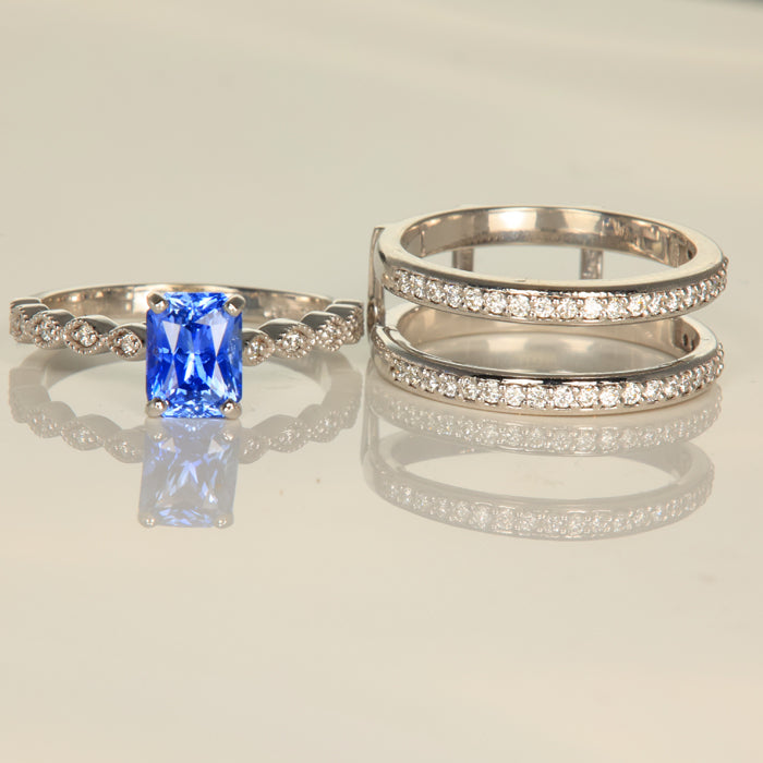 14K White Gold Emerald Cut Sapphire Ring with Diamond Ring Guard 1.60cts