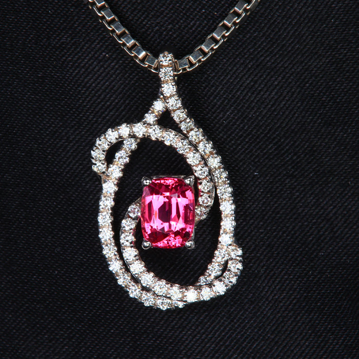White Gold Pink Spinel and Diamond Swirl Pendant