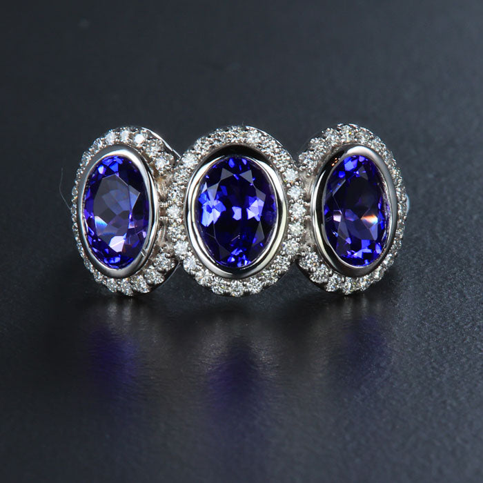 14K White Gold Three Stone Tanzanite Diamond Halo Ring 2.70 Carats