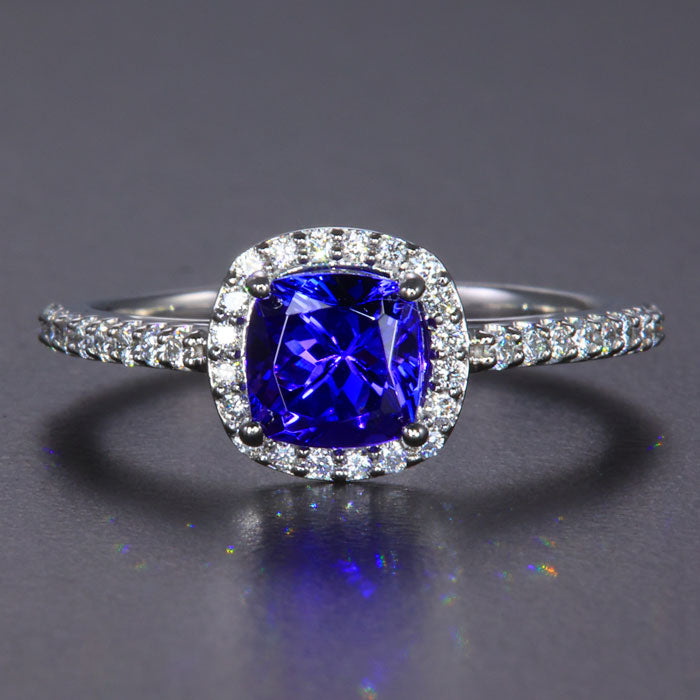 Platinum Square Cushion Tanzanite and Diamond Halo Ring
