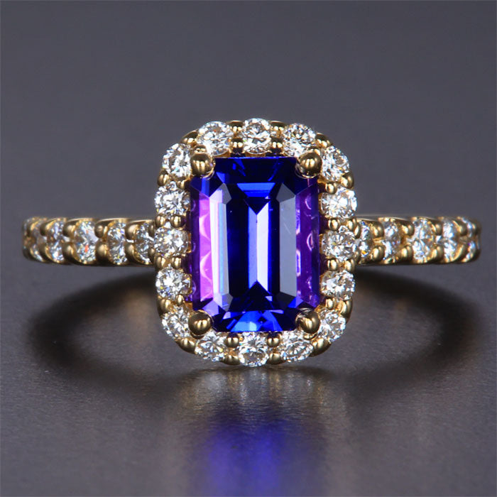 Emerald Cut Tanzanite Diamond Halo and Shank Ring