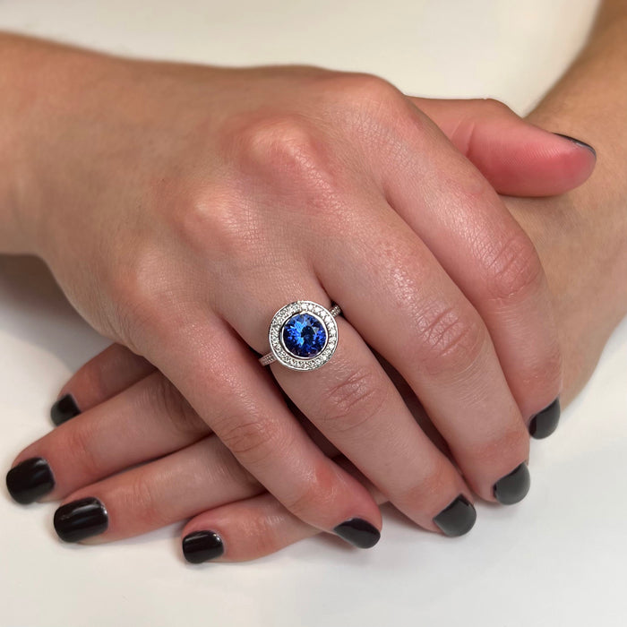 14K White Gold Tanzanite and Diamond Halo Ring 2.88 Carats