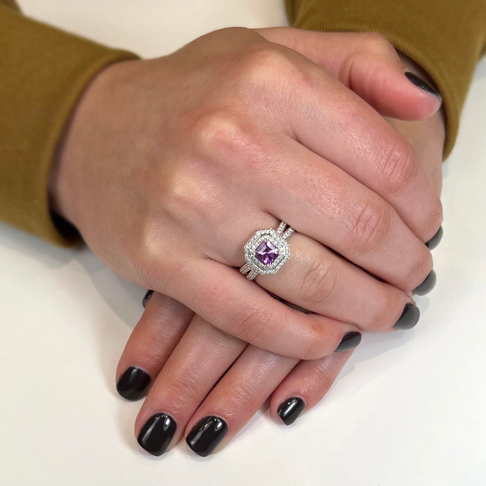 14k White Gold Pink Sapphire and Diamond Halo Ring .77 Carats