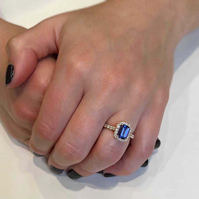 14K Yellow Gold Emerald Cut Tanzanite Diamond Halo and Shank Ring 1.61 Carats