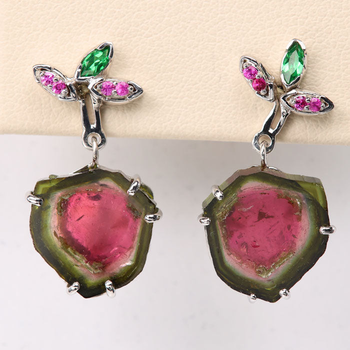 Watermelon Tourmaline, Tsavorites and Sapphire Stud Earrings