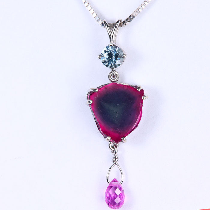 14k White Gold Watermelon Tourmaline with Pink Sapphire and Grey Spinel Pendant