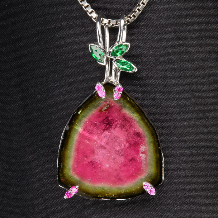 Watermelon Tourmaline, Tsavorites and Sapphire Pendant