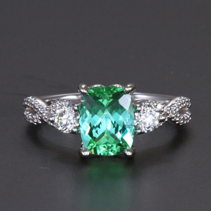 14k White Gold Antique Cushion Cut Green Tourmaline and Diamond Ring 1.97 Carats