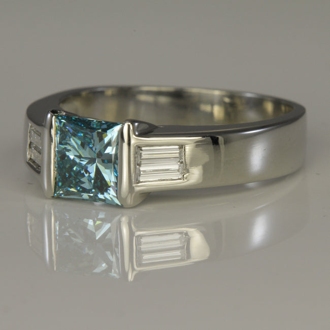 14K White Gold Blue Princess Diamond Ring