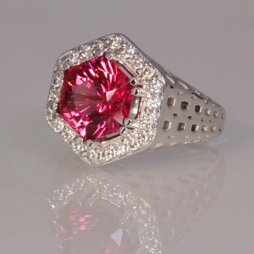 14k White Gold Pink Hexagon Tourmaline With Fine Diamonds Ring