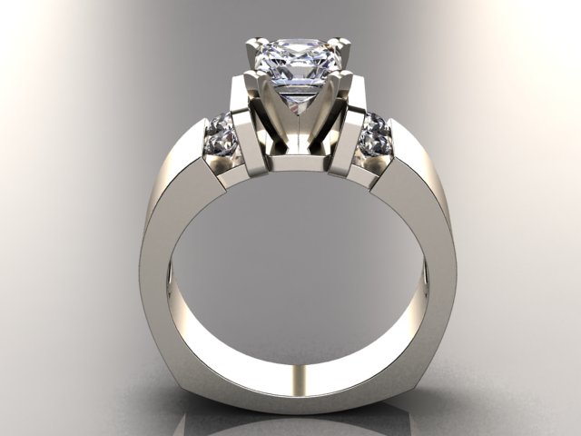 Wide band engagement ring for round or princess diamond center