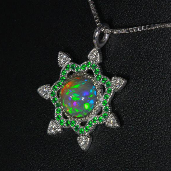 14K White Gold Snowflake Welo Opal with Tsavortie and Diamond Pendant