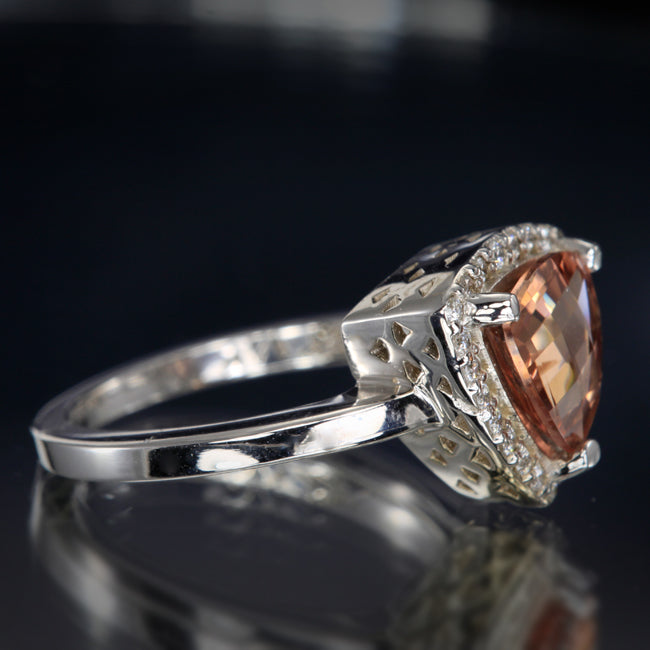 14K White Gold Checkerboard Faceted Imperial Zircon and Diamond Ring 2.56 Carats